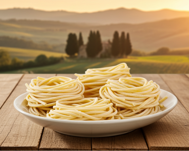 campo di grano con cipressi di sfondo